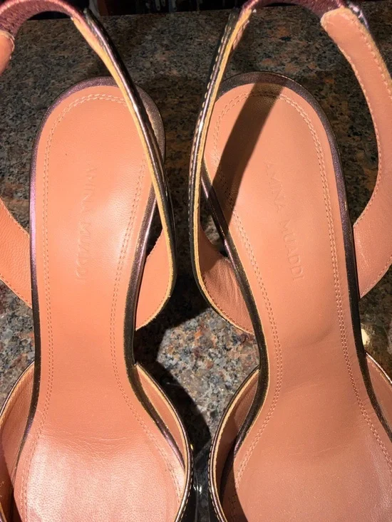 Amina Muaddi Iridescent Pink-Green Slingback Pumps with Crystal Bow - Picture 7 of 8